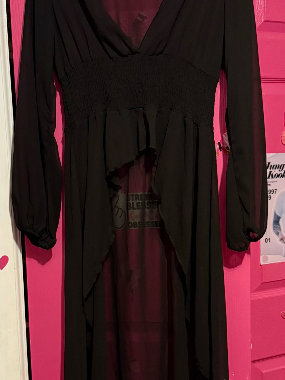 Sheer Black Long Sleeve High-Low V-Neck Women's Top, Shein Size M
